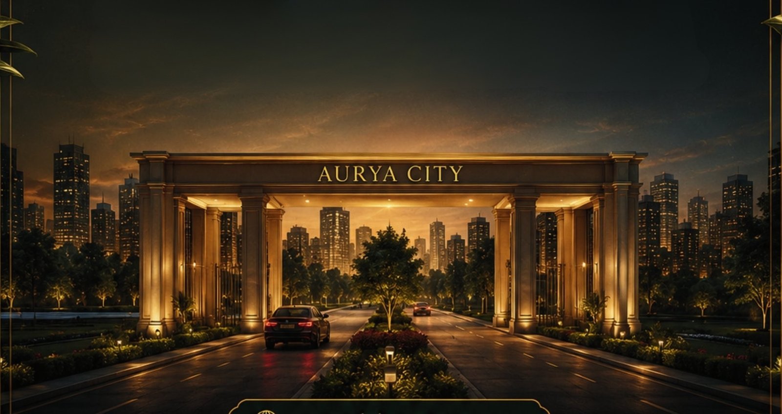 Aurya City grand entrance and township skyline at dusk